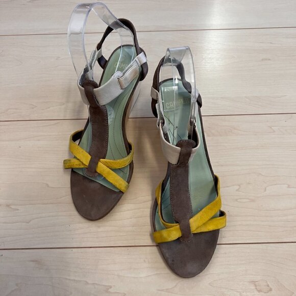 Camper Laura T Strap Wedge Sandals Genuine Leather Wood Heel Sz 39 - Picture 2 of 10
